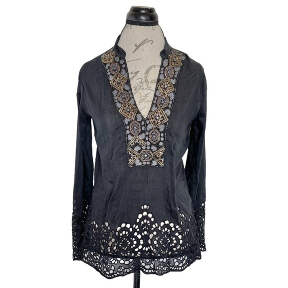 Hale Bob Cabana Blouse Popover Black Beads, Rhinestones, Embroidered Sz Small